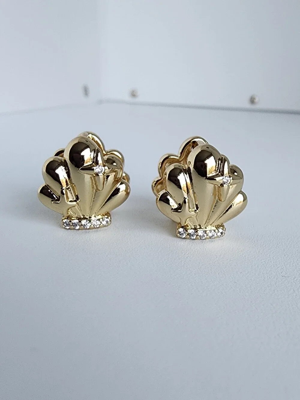 Gold Plated Seashell Stud Earrings CZ Crystal Shell Coastal Jewelry